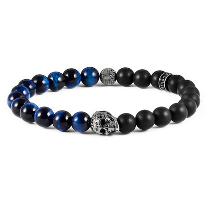 Single Skull Stretch Bracelet with 8mm Matte Black Onyx and Blue Tiger Eye Beads