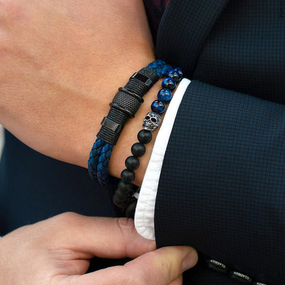 Single Skull Stretch Bracelet with 8mm Matte Black Onyx and Blue Tiger Eye Beads