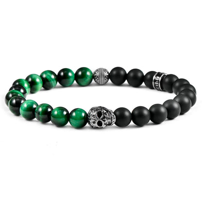 Single Skull Stretch Bracelet with 8mm Matte Black Onyx and Green Tiger Eye Beads