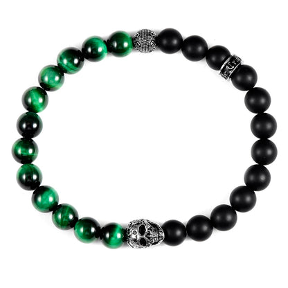 Crucible Jewelry Single Skull Stretch Bracelet with 8mm Matte Black Onyx and Green Tiger Eye Beads