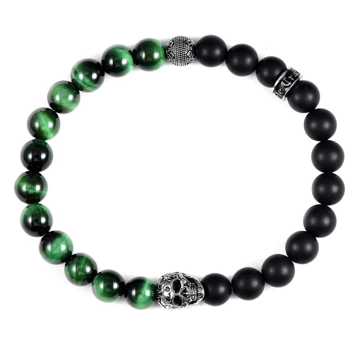 Single Skull Stretch Bracelet with 8mm Matte Black Onyx and Green Tiger Eye Beads