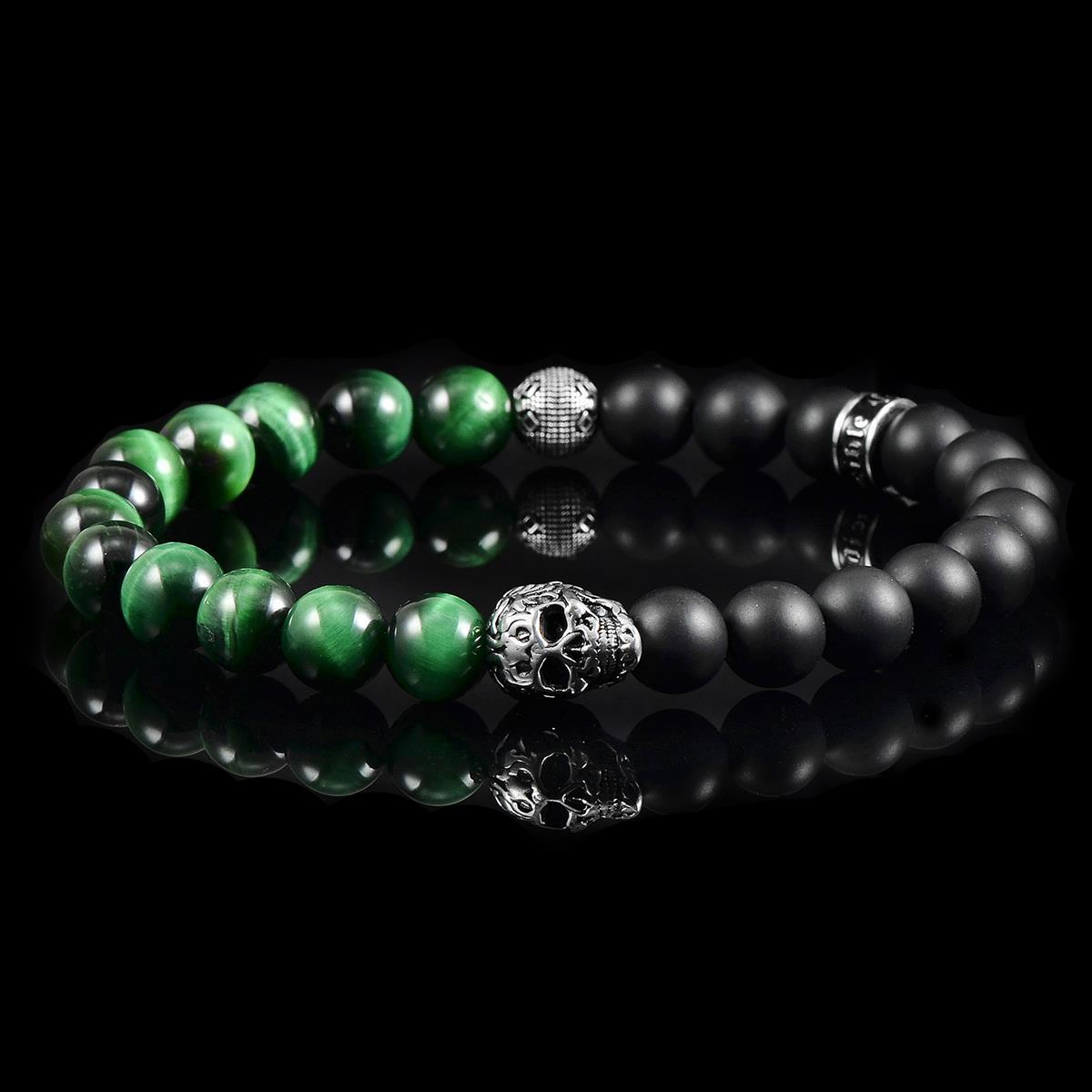 Single Skull Stretch Bracelet with 8mm Matte Black Onyx and Green Tiger Eye Beads