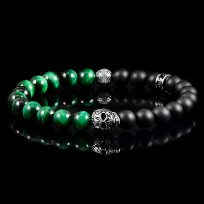 Single Skull Stretch Bracelet with 8mm Matte Black Onyx and Green Tiger Eye Beads