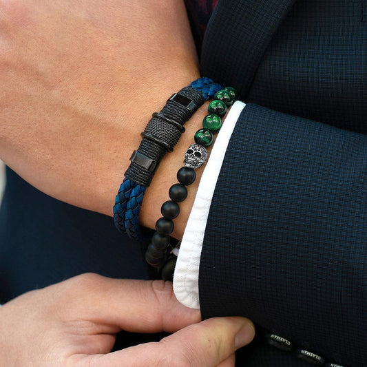 Crucible Jewelry Single Skull Stretch Bracelet with 8mm Matte Black Onyx and Green Tiger Eye Beads