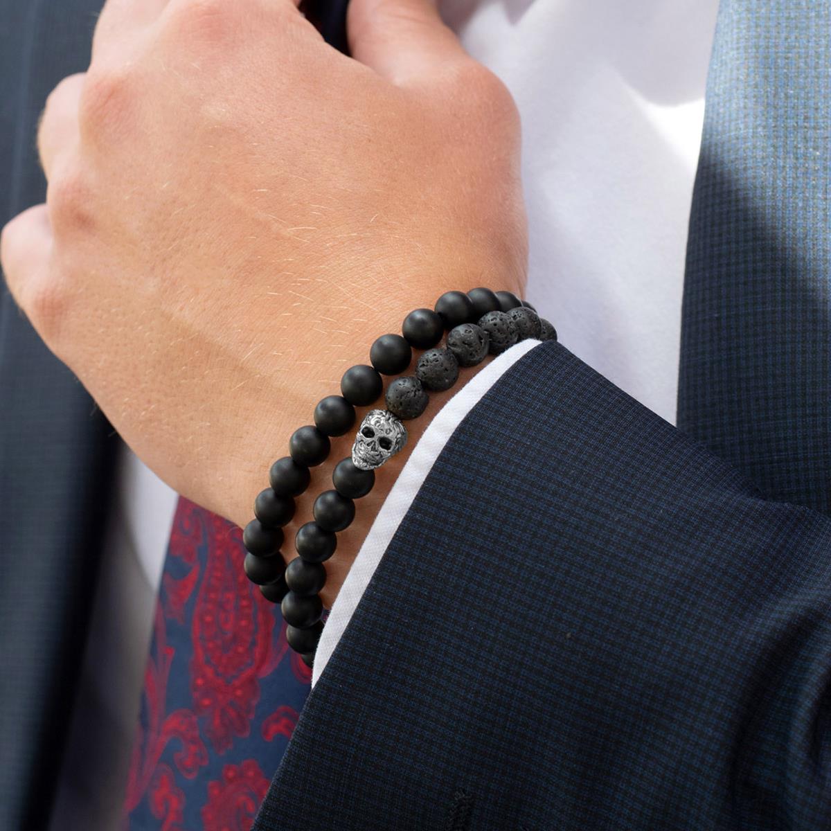 Single Skull Stretch Bracelet with 8mm Matte Black Onyx and Black Lava Beads