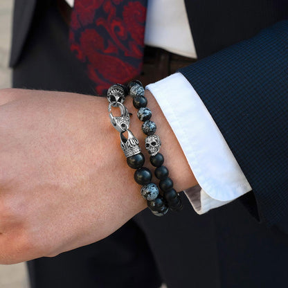 Single Skull Stretch Bracelet with 8mm Matte Black Onyx and Snowflake Agate Beads