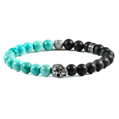 Crucible Jewelry Single Skull Stretch Bracelet with 8mm Matte Black Onyx and Genuine Turquoise Onyx Beads