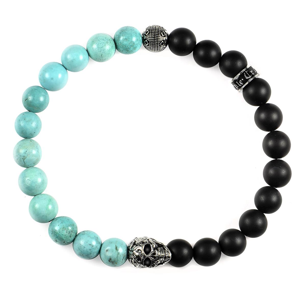 Crucible Jewelry Single Skull Stretch Bracelet with 8mm Matte Black Onyx and Genuine Turquoise Onyx Beads