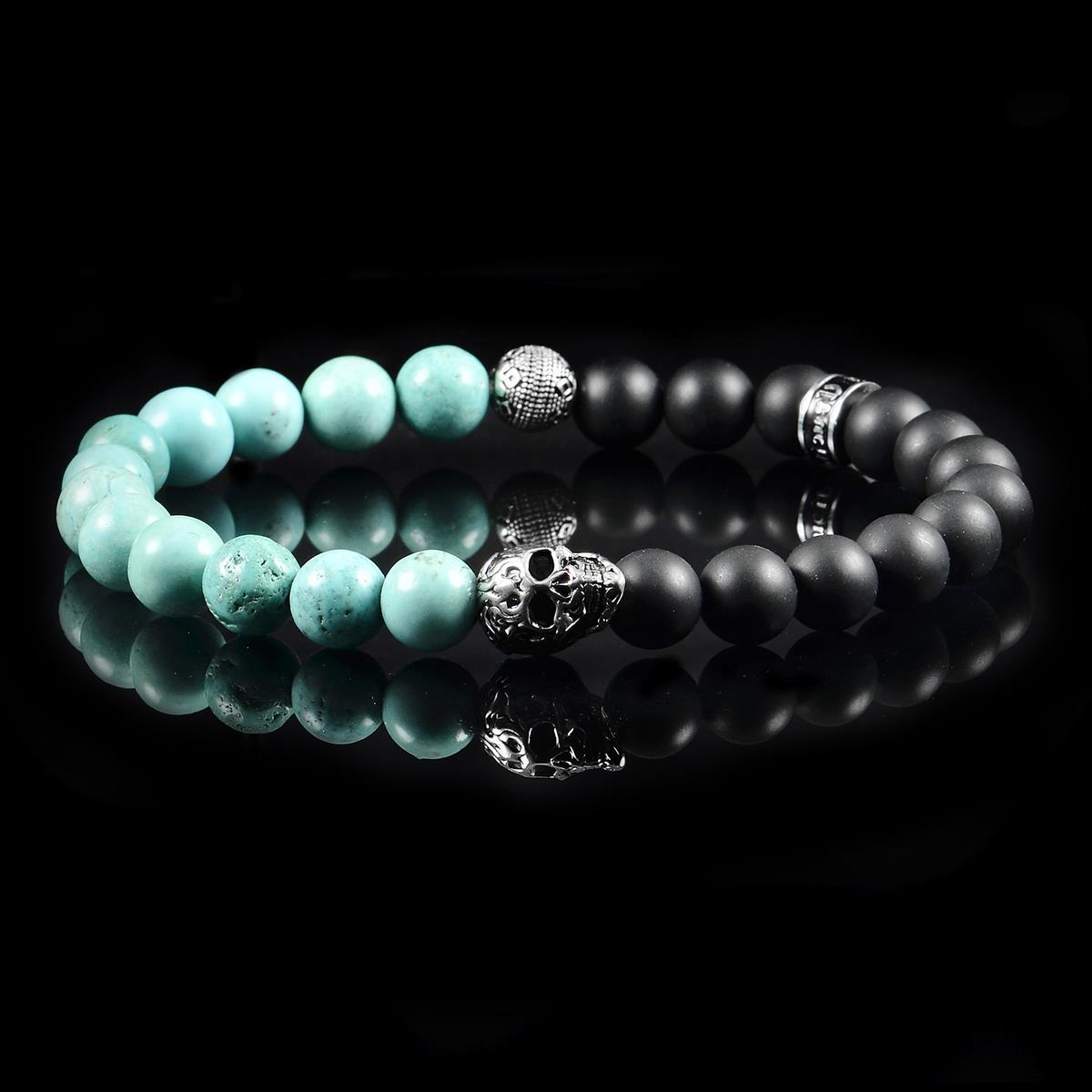 Crucible Jewelry Single Skull Stretch Bracelet with 8mm Matte Black Onyx and Genuine Turquoise Onyx Beads