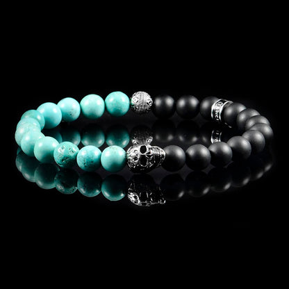 Crucible Jewelry Single Skull Stretch Bracelet with 8mm Matte Black Onyx and Genuine Turquoise Onyx Beads