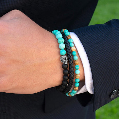 Single Skull Stretch Bracelet with 8mm Matte Black Onyx and Genuine Turquoise Onyx Beads