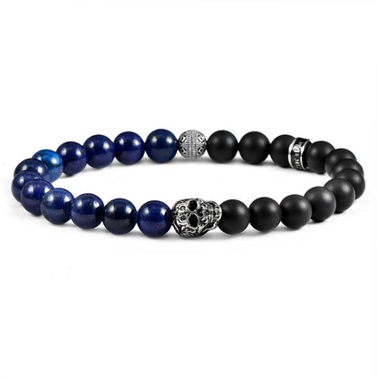 Crucible Jewelry Single Skull Stretch Bracelet with 8mm Matte Black Onyx and Lapis Lazuli Beads