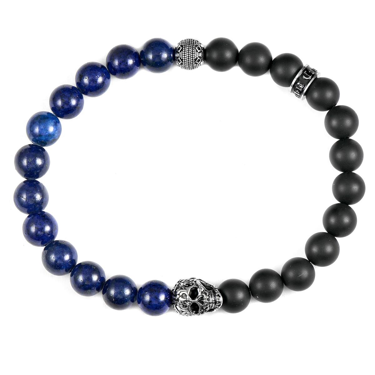 Crucible Jewelry Single Skull Stretch Bracelet with 8mm Matte Black Onyx and Lapis Lazuli Beads