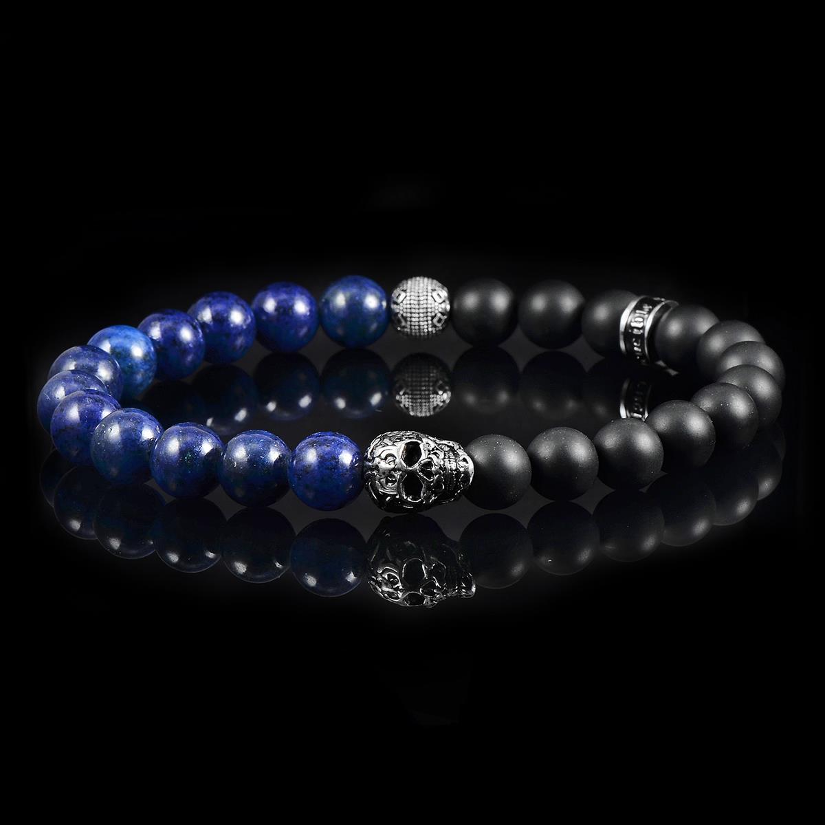 Crucible Jewelry Single Skull Stretch Bracelet with 8mm Matte Black Onyx and Lapis Lazuli Beads