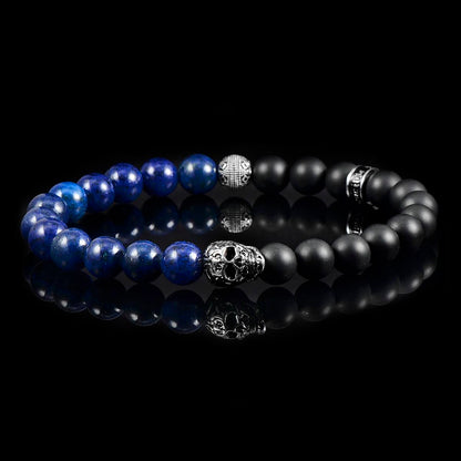 Crucible Jewelry Single Skull Stretch Bracelet with 8mm Matte Black Onyx and Lapis Lazuli Beads