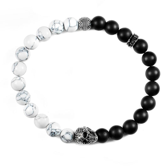 Men's Skull with Howlite and Matte Onyx Stone Beads Stretch Bracelet (8mm)