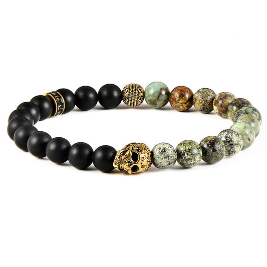 Crucible Jewelry Single Gold Skull Stretch Bracelet with 8mm Matte Black Onyx and African Turquoise Onyx Beads