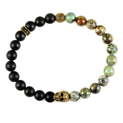 Single Gold Skull Stretch Bracelet with 8mm Matte Black Onyx and African Turquoise Onyx Beads