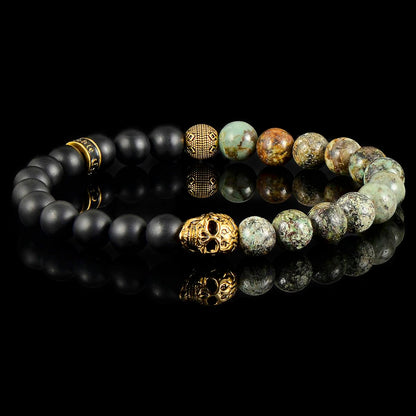 Single Gold Skull Stretch Bracelet with 8mm Matte Black Onyx and African Turquoise Onyx Beads