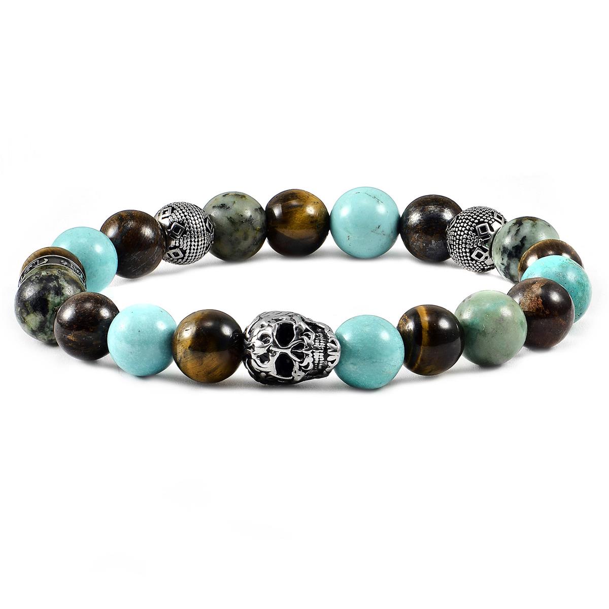 Crucible Jewelry Single Skull Stretch Bracelet with 10mm Tiger Eye, Genuine Turquoise, African Turquoise and Bronzite Beads