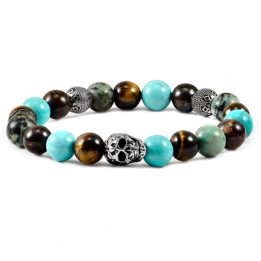 Men's Skull with Tiger Eye, Turquoise, African Turquoise and Bronzite Stones Stretch Bracelet (10mm)