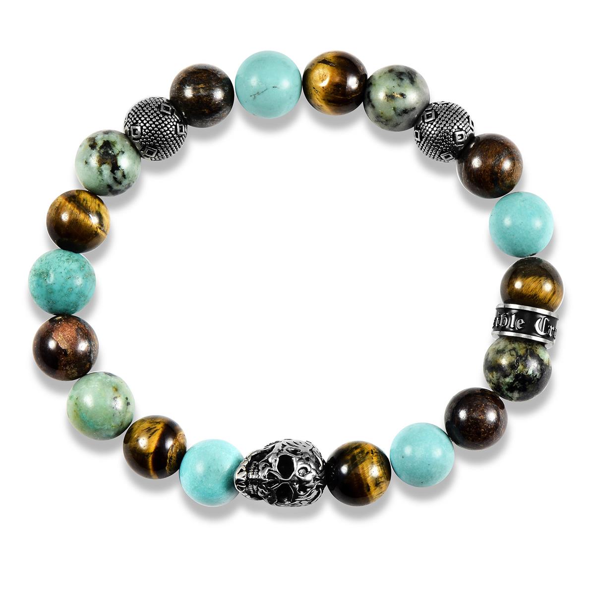 Crucible Jewelry Single Skull Stretch Bracelet with 10mm Tiger Eye, Genuine Turquoise, African Turquoise and Bronzite Beads