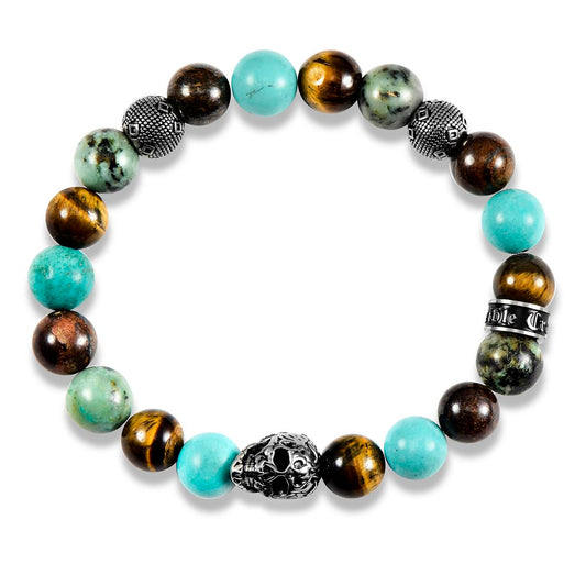 Men's Skull with Tiger Eye, Turquoise, African Turquoise and Bronzite Stones Stretch Bracelet (10mm)