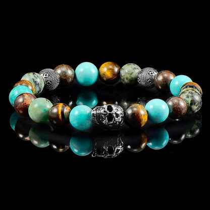 Crucible Jewelry Single Skull Stretch Bracelet with 10mm Tiger Eye, Genuine Turquoise, African Turquoise and Bronzite Beads