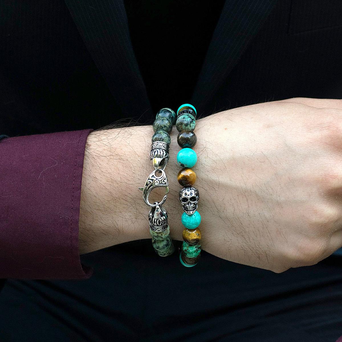 Crucible Jewelry Single Skull Stretch Bracelet with 10mm Tiger Eye, Genuine Turquoise, African Turquoise and Bronzite Beads