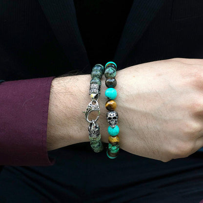 Single Skull Stretch Bracelet with 10mm Tiger Eye, Genuine Turquoise, African Turquoise and Bronzite Beads