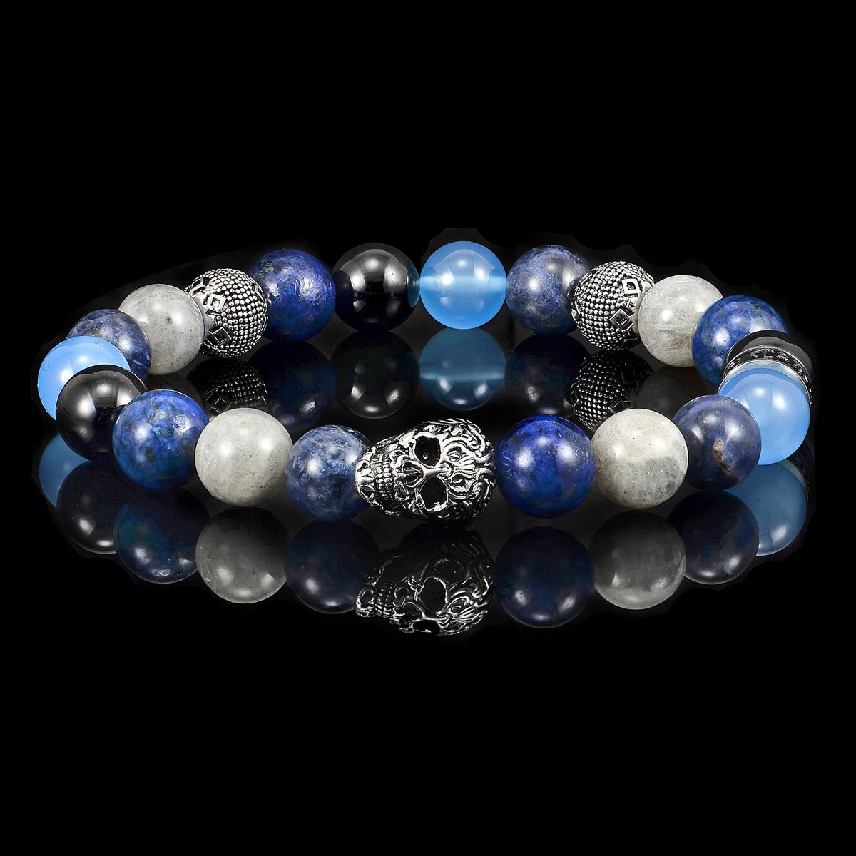 Single Skull Stretch Bracelet with 10mm Polished Black Onyx, Lapis Lazuli, Sodalite, Labradorite and Blue Agate Beads