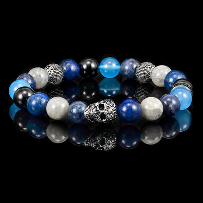 Single Skull Stretch Bracelet with 10mm Polished Black Onyx, Lapis Lazuli, Sodalite, Labradorite and Blue Agate Beads