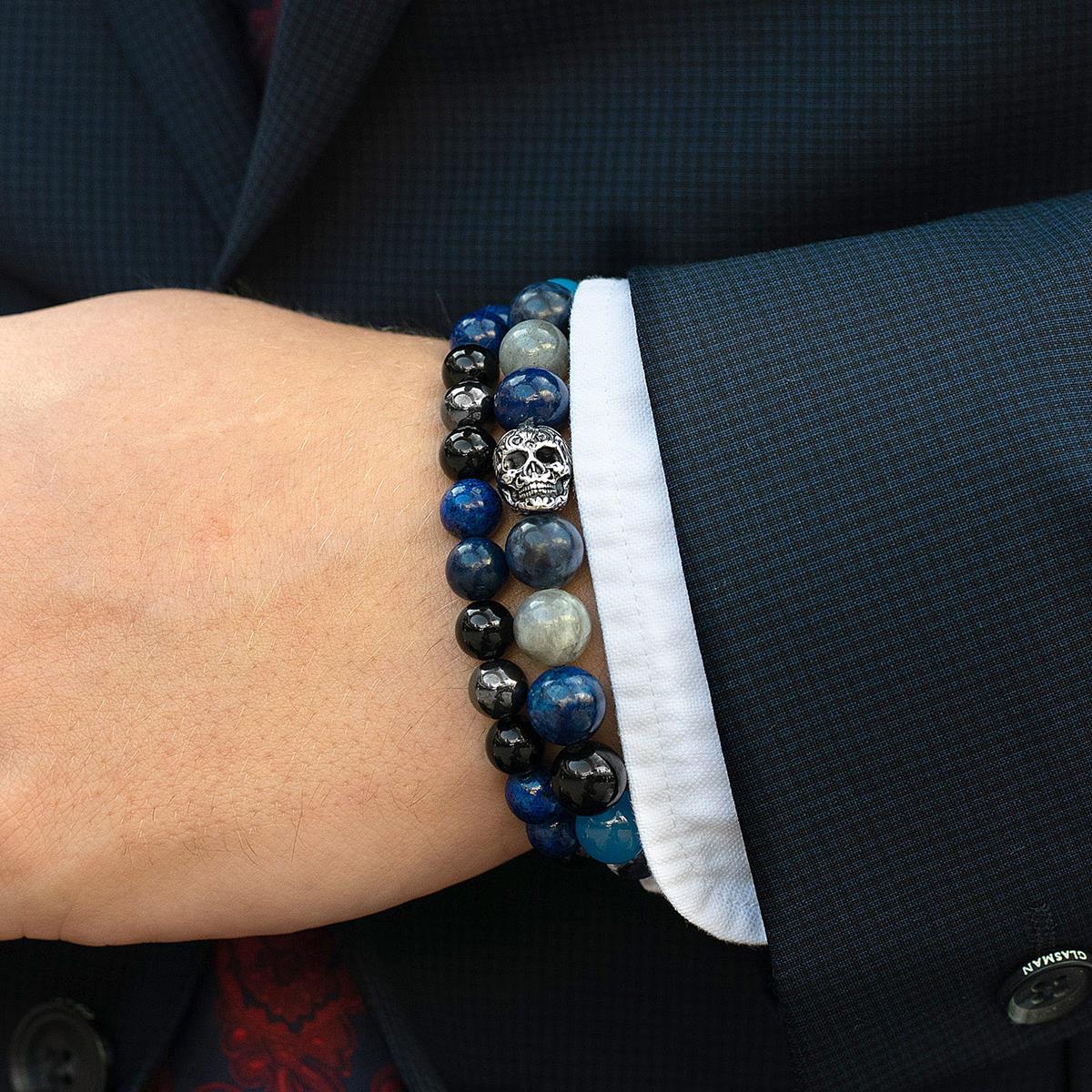 Single Skull Stretch Bracelet with 10mm Polished Black Onyx, Lapis Lazuli, Sodalite, Labradorite and Blue Agate Beads