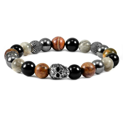 Crucible Jewelry Single Skull Stretch Bracelet with 10mm Polished Black Onyx, Labradorite, Picasso Jasper and Hematite Beads