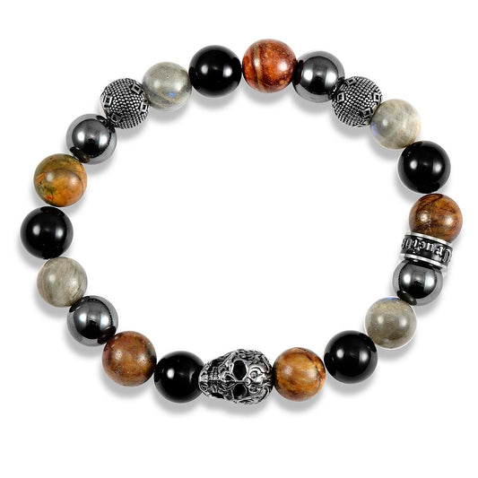 Men's Skull with Onyx, Labradorite, Picasso Jasper and Hematite Stones Stretch Bracelet (10mm)