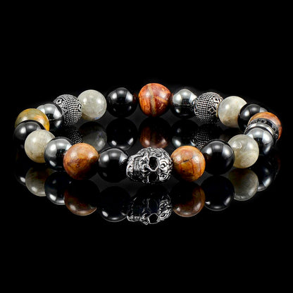 Crucible Jewelry Single Skull Stretch Bracelet with 10mm Polished Black Onyx, Labradorite, Picasso Jasper and Hematite Beads