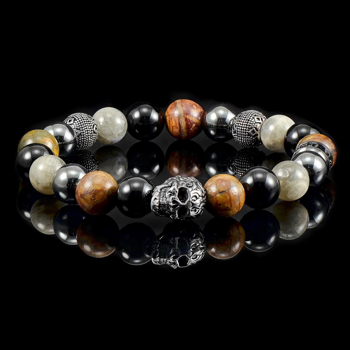 Single Skull Stretch Bracelet with 10mm Polished Black Onyx, Labradorite, Picasso Jasper and Hematite Beads