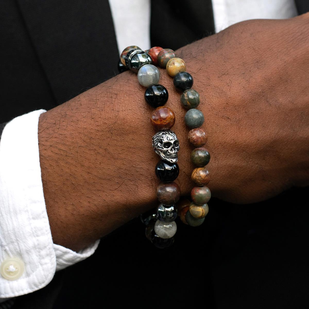 Crucible Jewelry Single Skull Stretch Bracelet with 10mm Polished Black Onyx, Labradorite, Picasso Jasper and Hematite Beads