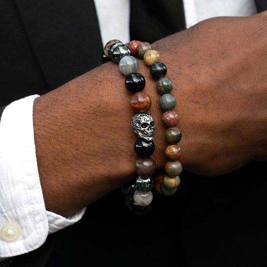 Crucible Jewelry Single Skull Stretch Bracelet with 10mm Polished Black Onyx, Labradorite, Picasso Jasper and Hematite Beads