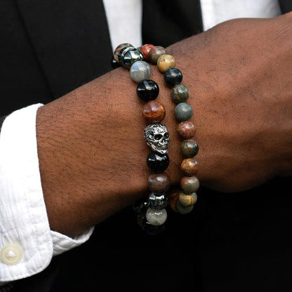 Single Skull Stretch Bracelet with 10mm Polished Black Onyx, Labradorite, Picasso Jasper and Hematite Beads