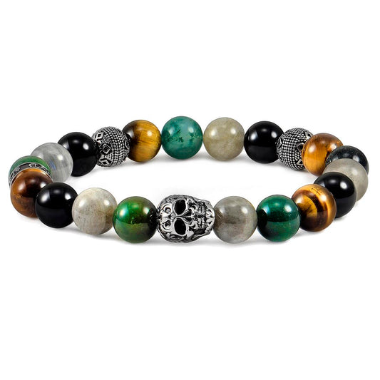 Crucible Jewelry Single Skull Stretch Bracelet with 10mm Polished Black Onyx, Labradorite, Green Tiger Eye, Moss Agate and Tiger Eye Beads