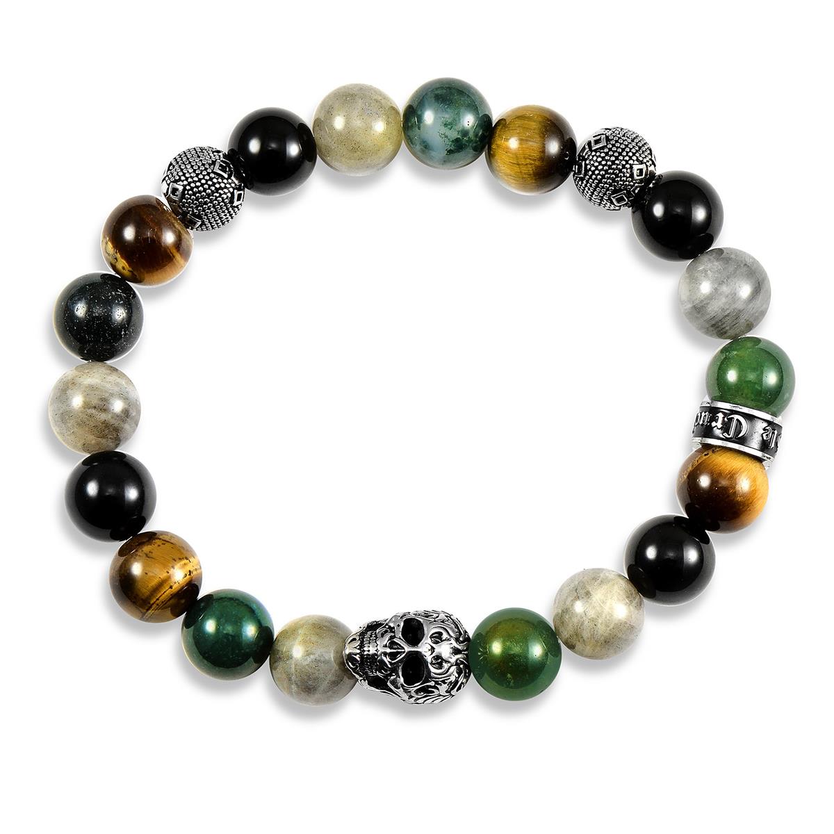 Single Skull Stretch Bracelet with 10mm Polished Black Onyx, Labradorite, Green Tiger Eye, Moss Agate and Tiger Eye Beads