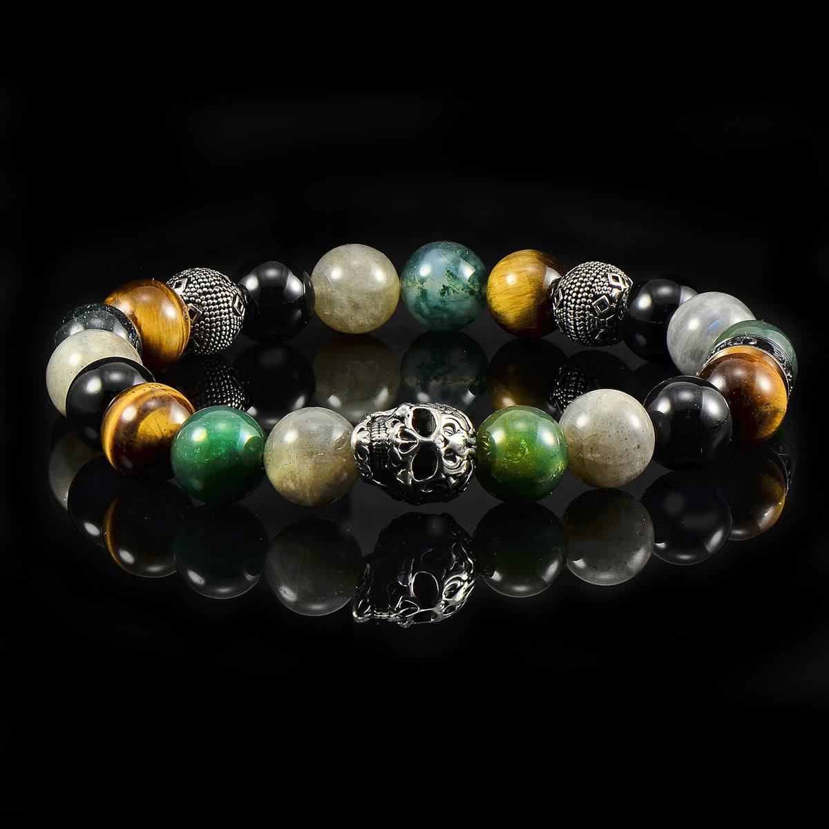 Single Skull Stretch Bracelet with 10mm Polished Black Onyx, Labradorite, Green Tiger Eye, Moss Agate and Tiger Eye Beads