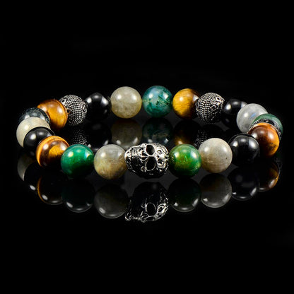 Single Skull Stretch Bracelet with 10mm Polished Black Onyx, Labradorite, Green Tiger Eye, Moss Agate and Tiger Eye Beads