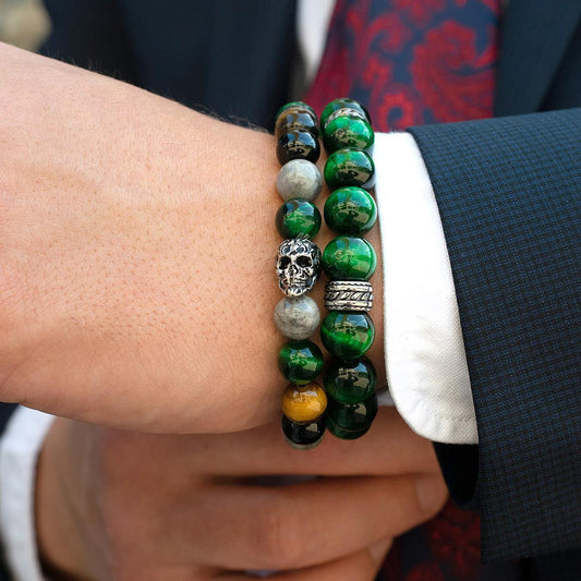 Crucible Jewelry Single Skull Stretch Bracelet with 10mm Polished Black Onyx, Labradorite, Green Tiger Eye, Moss Agate and Tiger Eye Beads