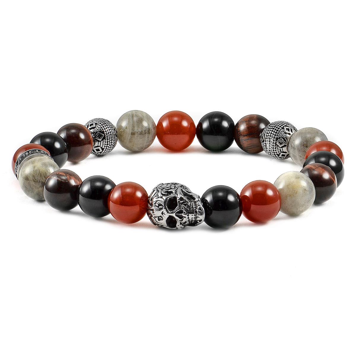 Single Skull Stretch Bracelet with 10mm Polished Black Onyx, Labradorite Red Tiger Eye and Red Agate Beads