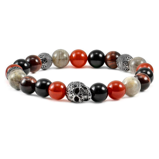 Single Skull Stretch Bracelet with 10mm Polished Black Onyx, Labradorite Red Tiger Eye and Red Agate Beads