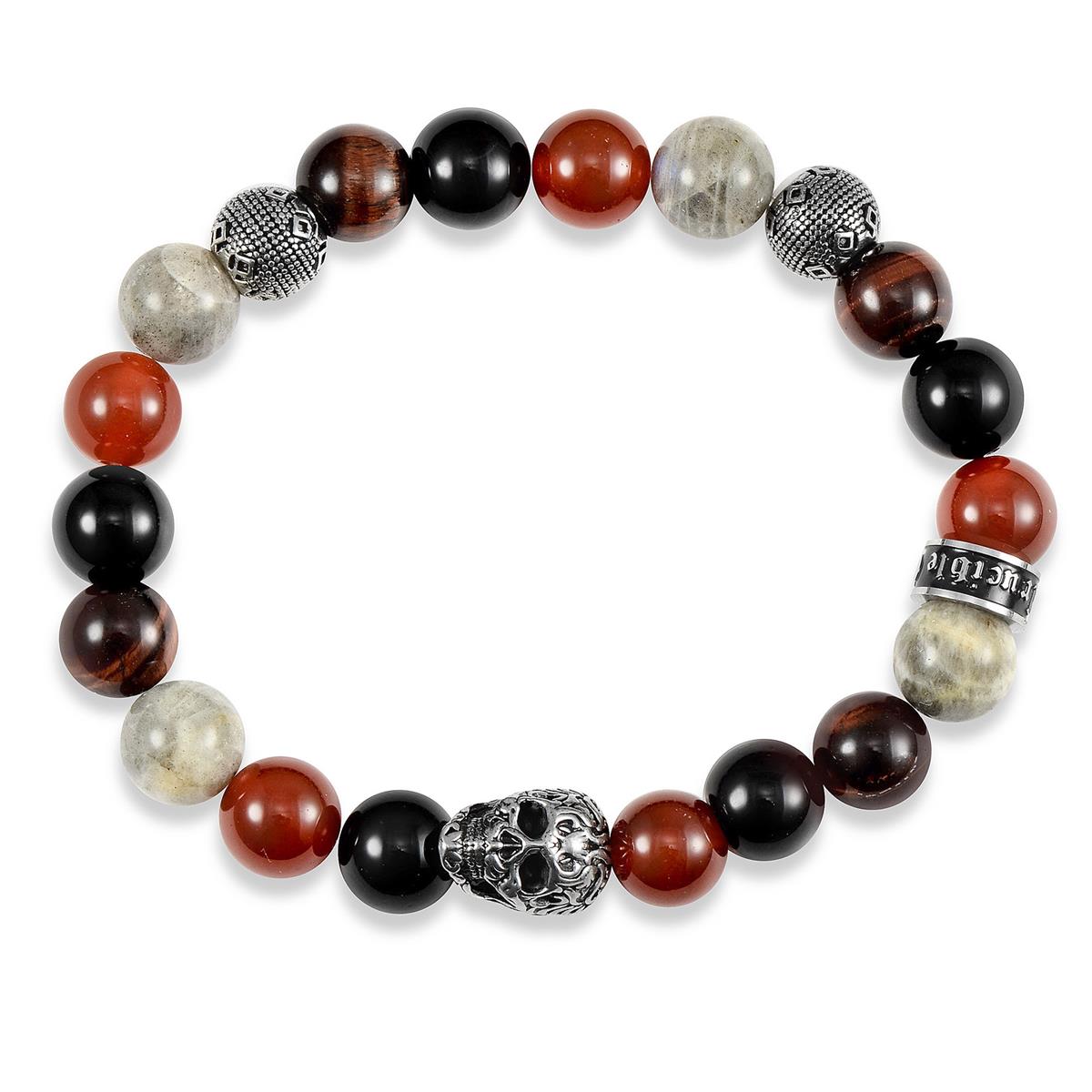 Single Skull Stretch Bracelet with 10mm Polished Black Onyx, Labradorite Red Tiger Eye and Red Agate Beads