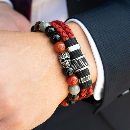 Crucible Jewelry Single Skull Stretch Bracelet with 10mm Polished Black Onyx, Labradorite Red Tiger Eye and Red Agate Beads