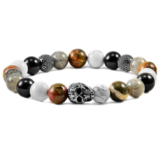 Crucible Jewelry Single Skull Stretch Bracelet with 10mm Polished Black Onyx, Labradorite, Howlite and Picasso Jasper Beads